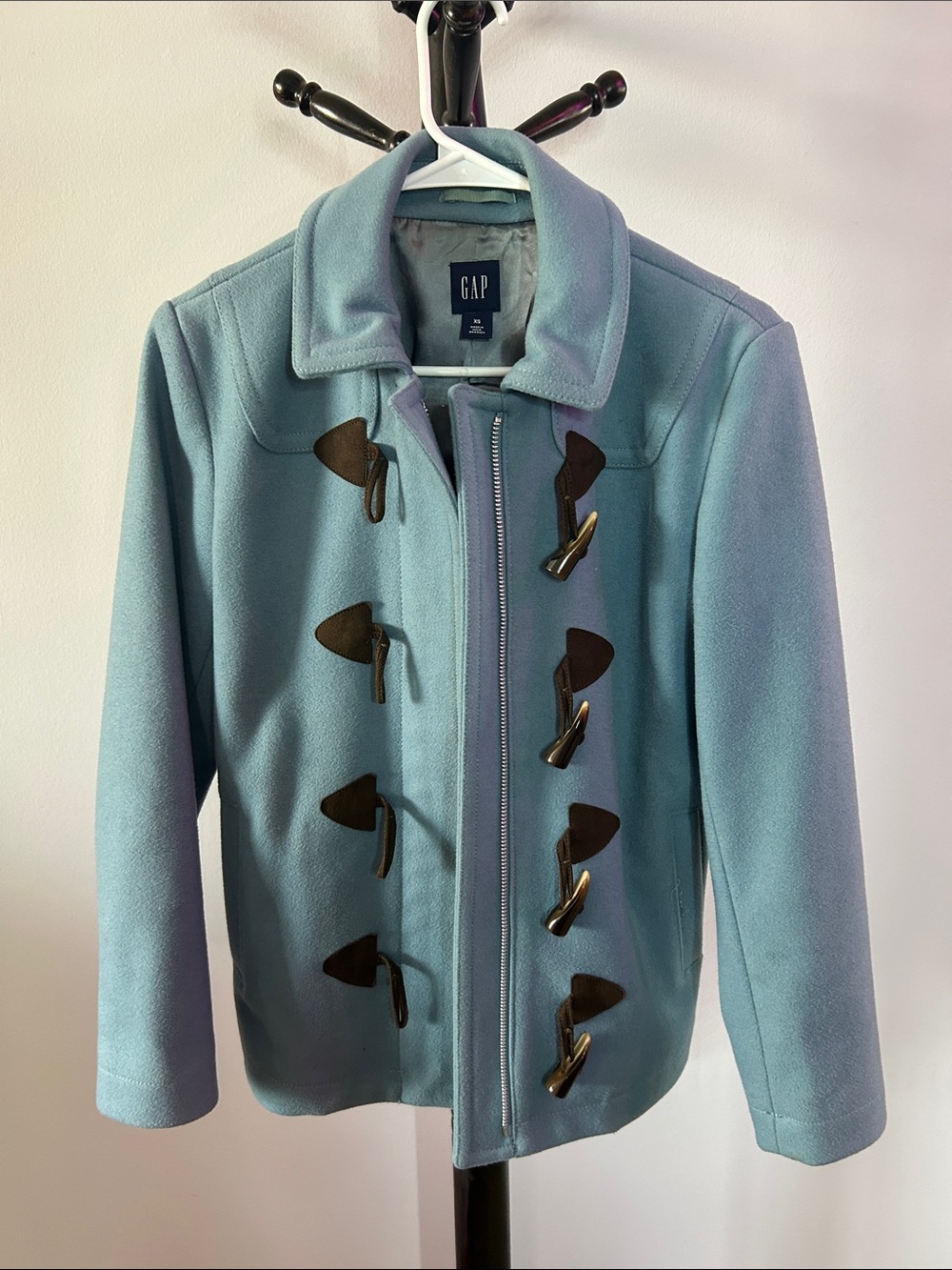 GAP Women's Light Blue Toggle Pea Coat with Brown Accents